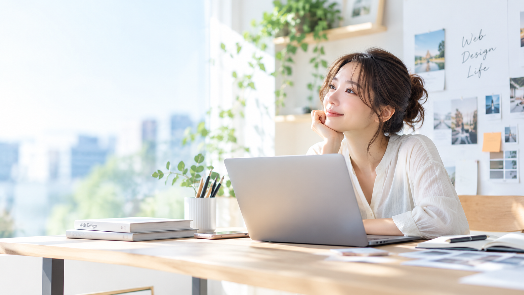 明るいワークスペースでWebスキルを学ぶ女性